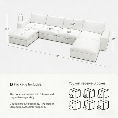 Cloud Couch Sectional 146.5'' Oversized Modular Deep Seat Sofa U Shaped Comfy - Image 2