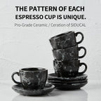 SIDUCAL Espresso Cups Set of 4,6 Ounce Ceramic Coffee Cups with Saucers,Porcelain Double Espresso Cup Set,Gift Box for Boyfriend Gift(Black)