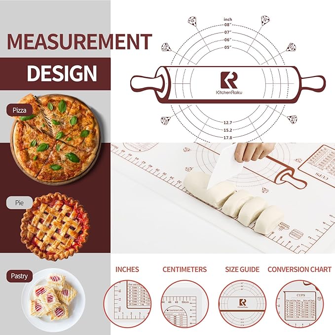 Silicone Baking Mat, Extra Thick Dough Rolling Pad with Measurements and Edge Heightening, Non-stick Food Grade Silicone Pastry Mat for Pastry, Bread, Cookies (Transparent, 16"L x 24"W)