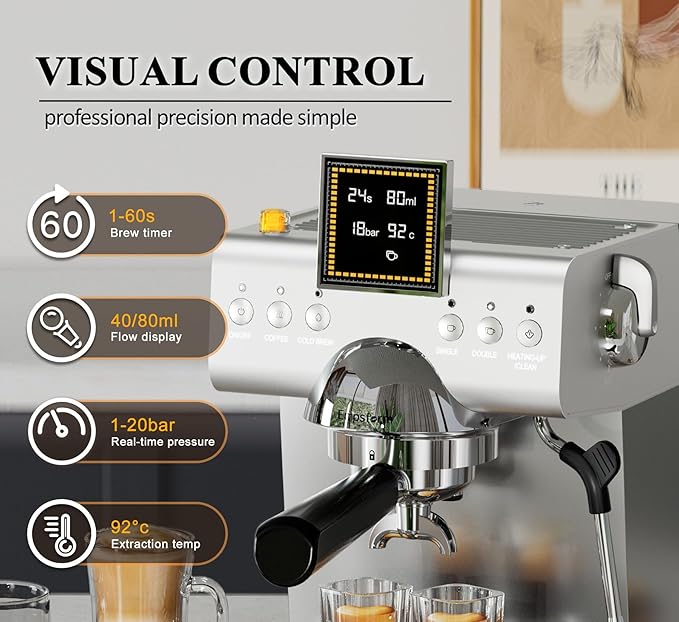 Espresso Machine 20 Bar with Steam Milk Frother, Stainless Steel Espresso maker with LED Display | Cold Brew & Hot Coffee Maker, Professional Cappuccino Expresso Machine for Home and Office