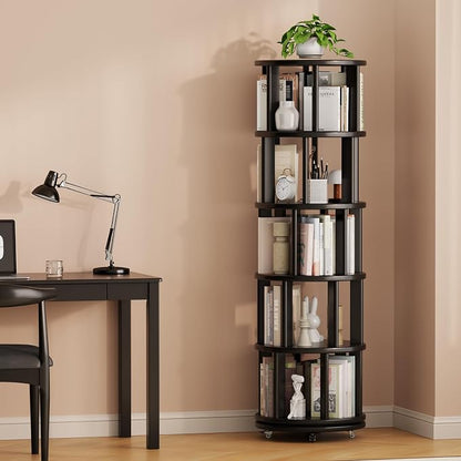 Muwuele Solid Wood Rotating Bookshelf on Wheels, 5 Tier, Round Revolving - Image 9