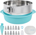 Aufind Springform Cake Pan 9 Inch, 304 Stainless Steel Baking Pan with Removable Bottom, Leakproof Nonstick Design Includes 12 Piping Tips, Silicone Mold and 50 Parchment Papers (9" Cake pan)