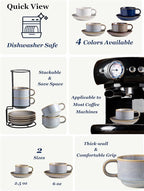 Gomakren 6 Ounce Cappuccino Cups with Saucers and Metal Stand, Stackable Coffee Cup Set of 4, Porcelain Espresso Cups for Coffee Drinks, Cappuccino, Latte, Americano, Tea, Gray