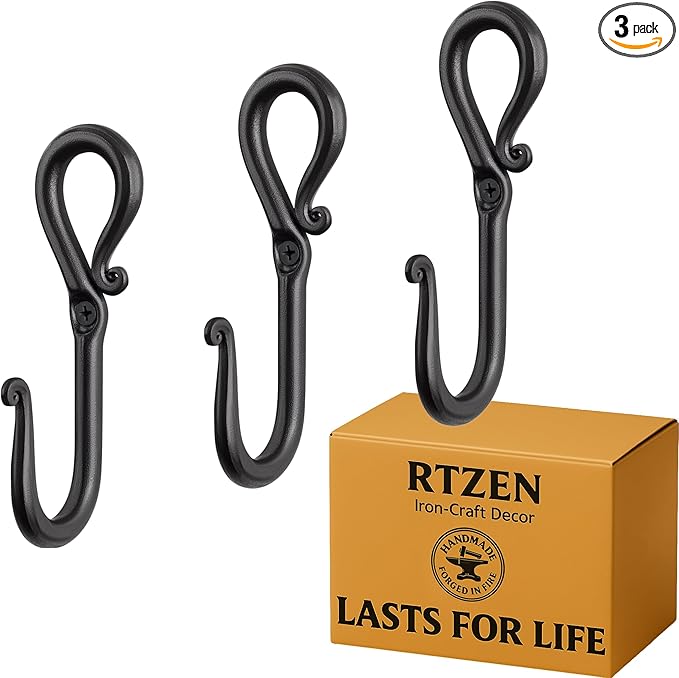 RTZEN Wall Mount Hook Set - Wrought Iron Decorative Rustic Metal Coat Hooks for Hanging - Handcrafted Classic Farmhouse Wall Mounted Black Hooks for Towel Robe or Hat Hanging - 3 Pack