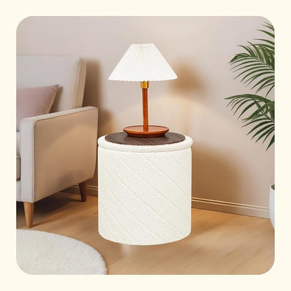PINPLUS Ottoman with Stroage Round Boucle Ottoman and Tray Sherpa Removable - Image 2