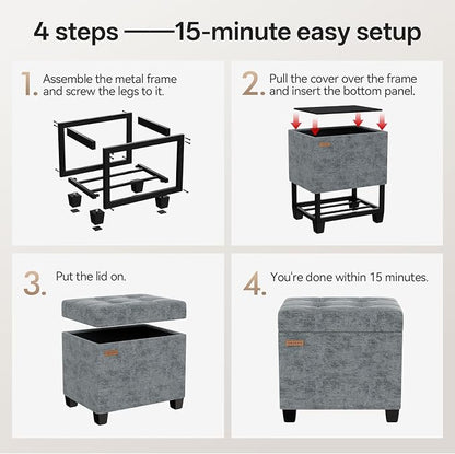 ABHENG Chenille Metal Framed Storage Ottoman, 12.2" D x 16.1" W x 17.7" H - Image 5