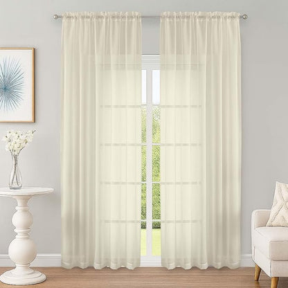 Cream Sheer Curtain 90 Inches Long 2 Panels Set, Solid Filmy Drapes by OWENIE