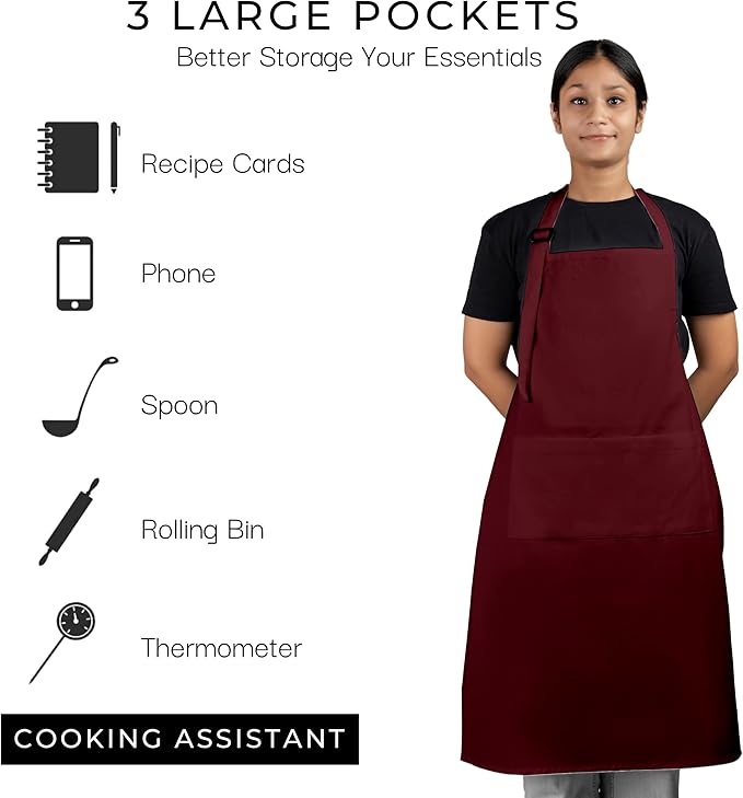 RAJRANG 100% Cotton Cooking Apron with 3 Pockets Kitchen Chef BBQ Adjustable Bib Aprons for Women Men