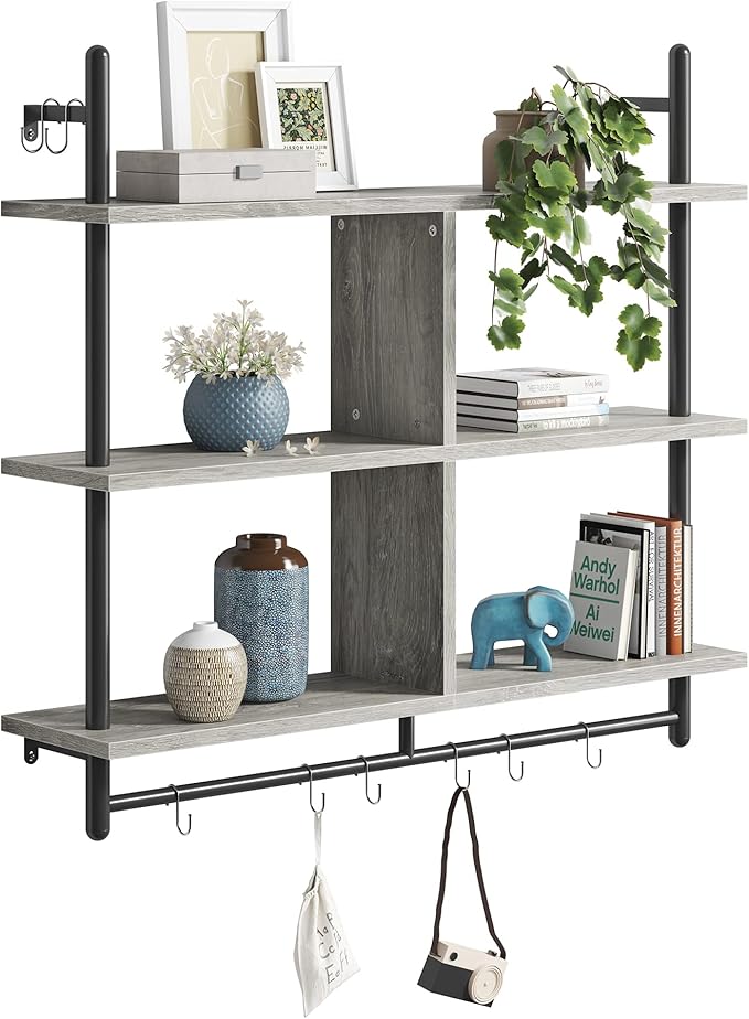 Bestier 41.5" Floating Pipe Shelving Kitchen Shelves Wall Mounted 3 Tier Ladder Shelf Hanging with Circular Tube Display Bookshelf Storage for Living Room Kitchen Balcony, Retro Grey