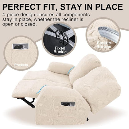 Recliner Loveseat Covers, 4-Piece Stretch Geometric Strokes Jacquard Reclining - Image 4