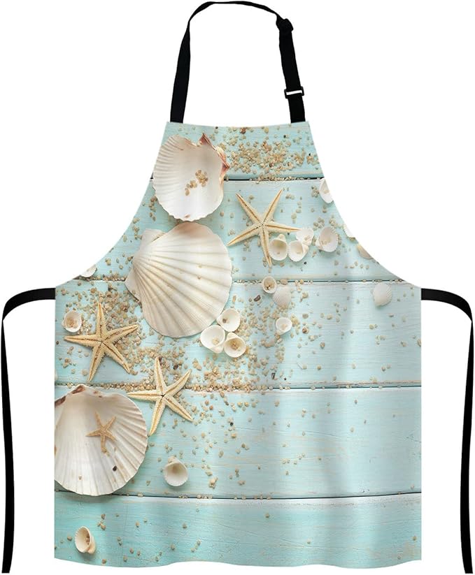 Ocean Beach Funny Apron for Women and Men, Wooden Seashell Adjustable Kitchen Chef Apron for Cooking Baking - Cute Birthday, Anniversary, Mother's Day Apron Gifts for Mom Wife Girlfriend Aunt Grandma