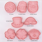 St. Patrick's Day Cookie Cutters, 8Pcs 3D Plastic Cookie Molds Cartoon Shamrock Four Leaf Clover Horseshoe Biscuit Cutters for Irish Holiday Party Baking Cutting Tool (D8)
