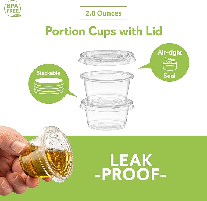 (2 oz - 100 Sets) Clear Diposable Plastic Portion Cups With Lids, Small Mini Containers For Portion Controll, Jello Shots, Meal Prep, Sauce Cups, Slime, Condiments, Medicine, Dressings, Crafts,