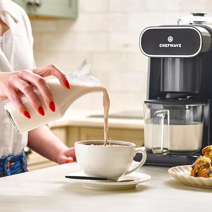 ChefWave Milkmade Non-Dairy Milk Maker – 6-in-1 Vegan Plant-Based Milk Machine with Auto Clean, Delay Start & Glass Pitcher – Almond, Oat, Soy, Cashew, Coconut, Macadamia Milk Maker & Nut Platter