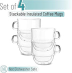 BTaT- Stackable Insulated Coffee Mugs, 4 Pack, 8 oz(240 ml), Stackable Glass Mugs, Double Wall Glass Coffee Cups, Tea Cups