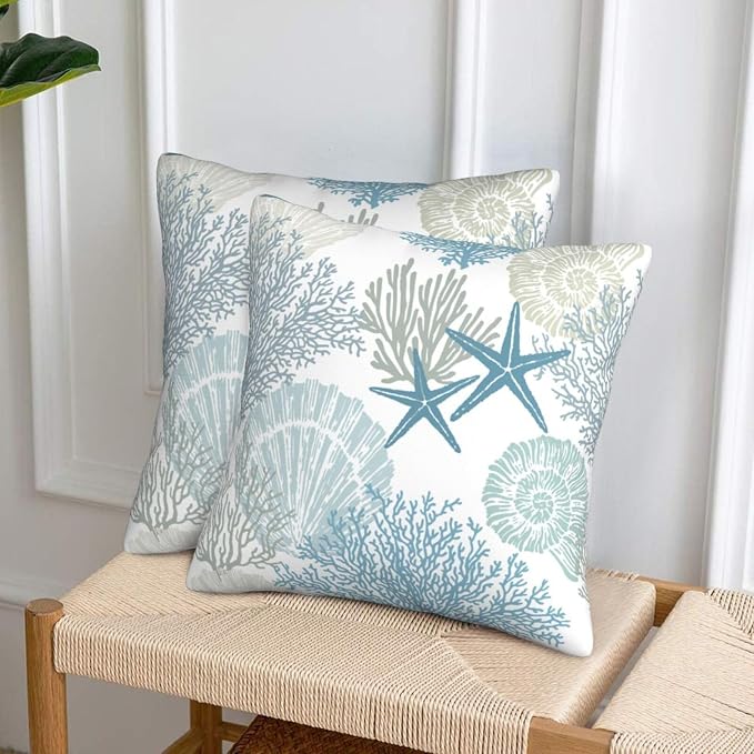 Nautical Coastal Beach Pillow Covers 16x16 Set of 2, Ocean Themed Seashell - Image 6