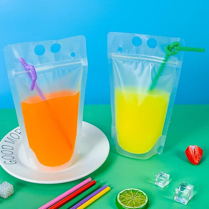 50 Pcs Drink Pouches, Juice Pouches for Adults, Reusable, Reclosable Zipper Smoothie Bags for Cold & Hot Drinks with 50 Straws & Silicone Funnel