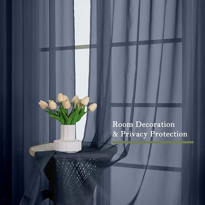 Navy Blue Sheer Curtains 96 Inches Long 2 Pcs, Light Filtering Window Curtains - Image 4