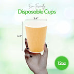 500-CT Disposable Kraft 12-OZ Hot Beverage Cups with Ripple Wall Design: No Need for Sleeves - Perfect for Cafes - Eco-Friendly Recyclable Paper - Insulated - Wholesale Takeout Coffee Cup