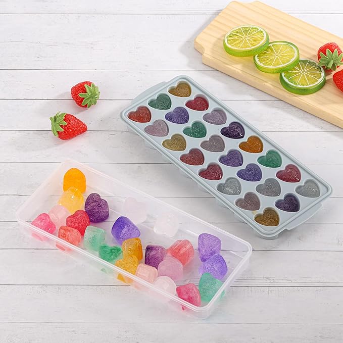 Heart Shaped Ice Cube Trays with Lid and Bins, Silicone Chocolate Mold, Easy Release Ice Trays, 24-Cavity Heart Molds for Ice Cubes, Gelatine, Baking and Candy