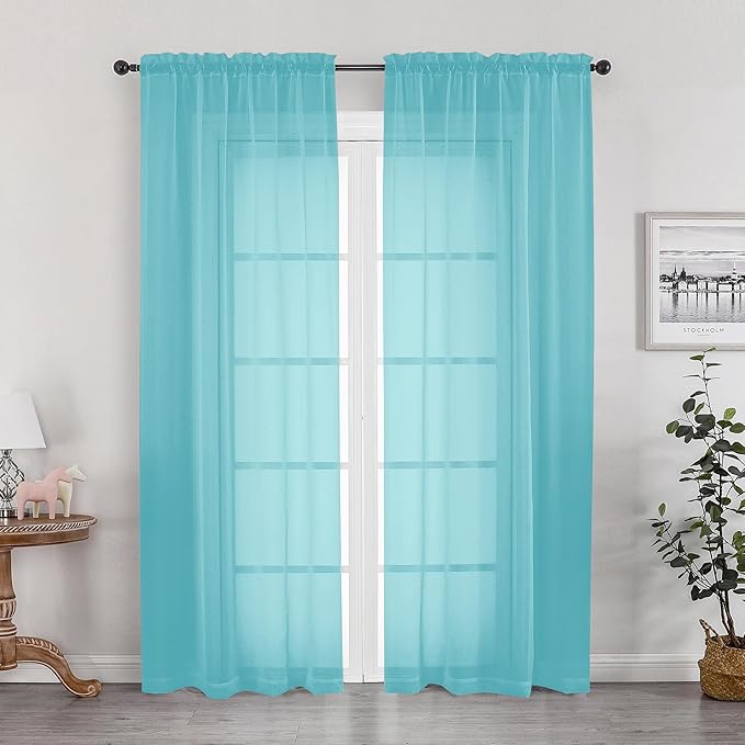 Sheer Aqua Curtains for Bedroom Living Room 78 Inches Long 2 Panels Set by OWENIE