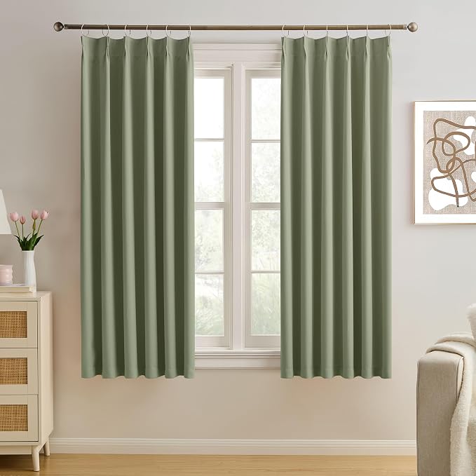 Sage Green Pinch Pleat Curtains 72 Inches Long Thermal Insulated Dark Black Out by KEQIAOSUOCAI