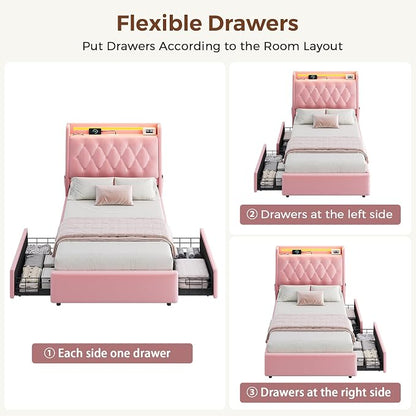 Twin LED Velvet Bed Frame with 2 Storage Drawers&Hidden Headboard, Upholstered - Image 8