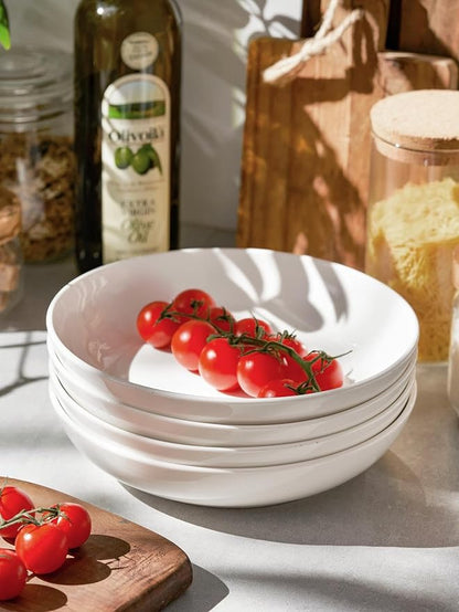 DOWAN 8.5" Pasta Bowls Set of 4, 30oz White Ceramic Shallow Dinner Bowls for Salad, Soup & Pasta, Stackable and Easy to Clean, Ideal for Everyday Use & Housewarming Gift(Soft White)