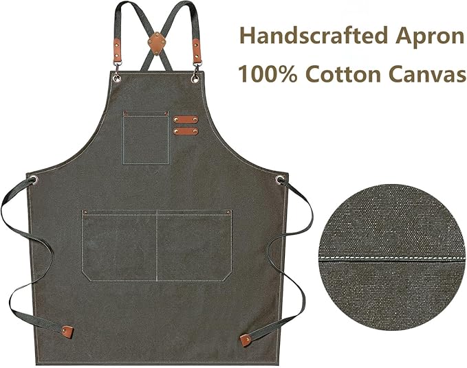 AFUN Chef Aprons for Men Women with Large Pockets, Cotton Canvas Cross Back Heavy Duty Adjustable Work Apron, Size M to XXL (Greygreen)