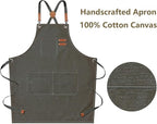 AFUN Chef Aprons for Men Women with Large Pockets, Cotton Canvas Cross Back Heavy Duty Adjustable Work Apron, Size M to XXL (Greygreen)