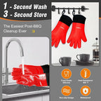 Walfos Silicone BBQ Gloves - Heat Resistant Grilling Gloves Set with Pork Shredder Claws & Brush, Non-Slip Kitchen Silicone Oven Mitt with Protective Cotton Layer, Suit for Indoor & Outdoor, Red