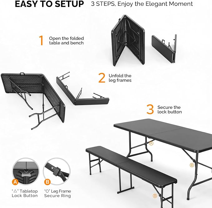 VINGLI Picnic Table Set with 2 Benches, 6 Feet Camping Table Chair Set - Image 2