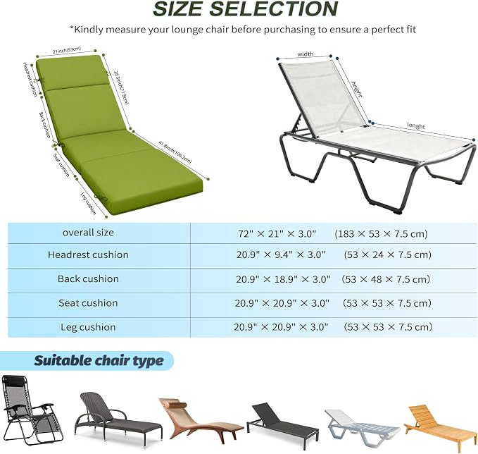 2 Pcs Outdoor Chaise Lounge Cushion 72" x 21" x 3", 4-Section Folding Patio - Image 3