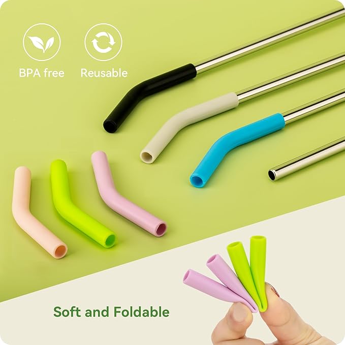 Snowfall Metal Straw for Stanley 30 OZ, 2 Pcs Reusable Long Stainless Steel Drinking Straws with Silicone Tip, 1 Straw Brush, BPA Free (Apple Green)