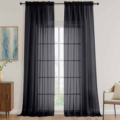 Black Sheer Curtains 108 Inches Long 2 Panels Set, 59 Inch Extra Wide by OVZME