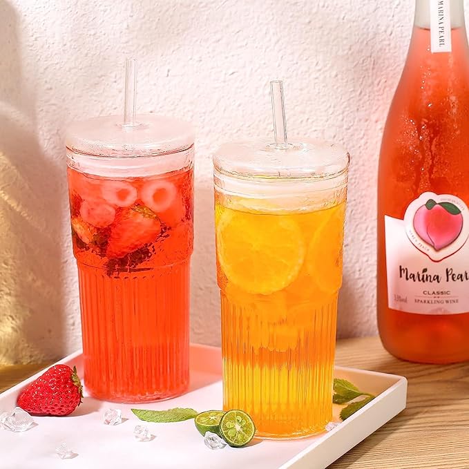 Glass Cups With Lids and Glass Straws，20 OZ 4pcs High Borosilicate Glass Tumbler Iced Coffee Water Smoothie