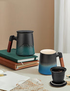 suyika Tea Cup with Infuser and Lid, 15.2 Ounce Wood Handle Ceramic Loose Leaf Mug Gradient Black&Blue 450ml