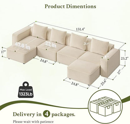 Welzona 132" Sectional Couch, Locked-in Modular Sectional Sofa, Wood Frame - Image 2