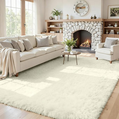 5x8 Fluffy Shag Area Rugs for Living Room Bedroom: Soft Carpet Cream White | by CarpetAddColortoYourLife