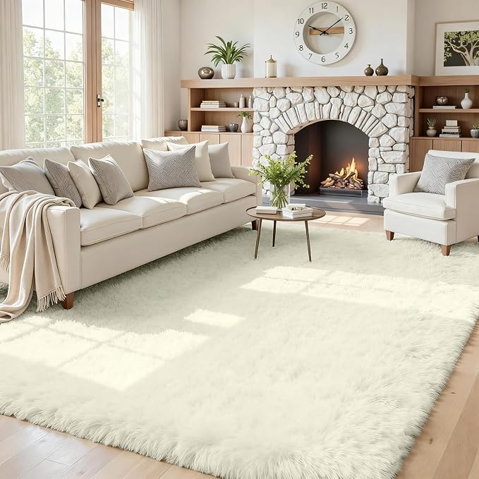 5x7 Fluffy Shag Area Rugs for Living Room Bedroom: Soft Carpet Cream White | by CarpetAddColortoYourLife