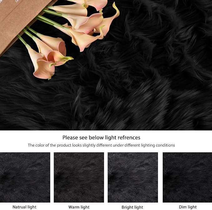 ORINOVA Black Fluffy Faux Sheepskin Washable Fur Area Rugs - Image 6