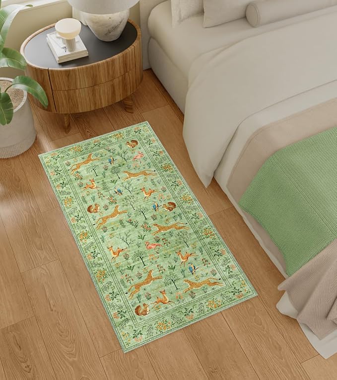 DUKINO 2x5 Rug for Hallway, Washable Animal Runner Rug Non Slip Light Green | - Image 4