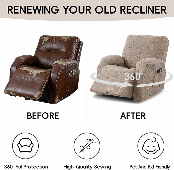 Oversized Recliner Chair Covers, 4-Piece Stretch Geometric Strokes Jacquard - Image 6