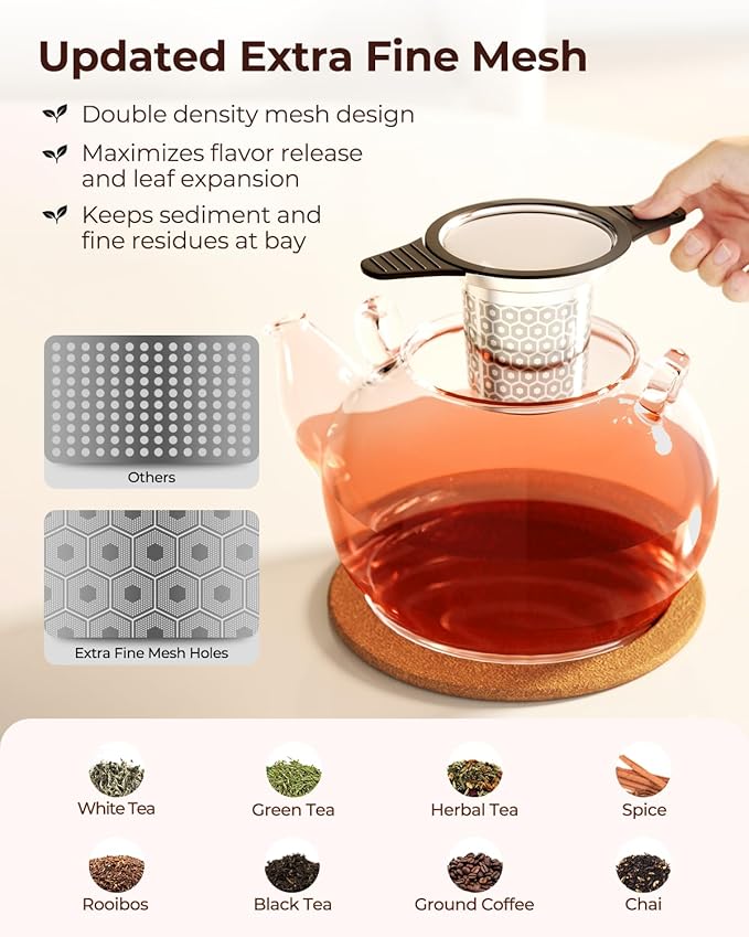 Reinmoson Extra Fine Mesh Tea Strainers & Filters for Loose Tea Single Cup, 304 Stainless Steel and Food Grade Silicone Loose Leaf Tea Steeper for Black Tea, Coffee, Rooibos, etc