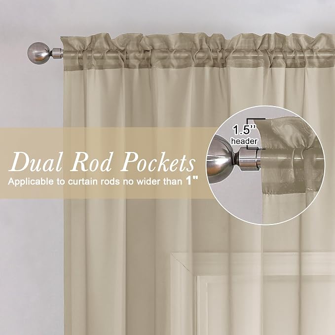 Taupe Sheer Curtains 90 Inches Long 2 Panels, Elegant Light Filtering Voile - Image 2