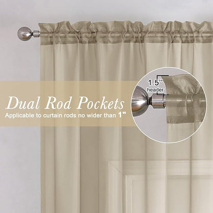 Taupe Sheer Curtains 108 Inches Long 2 Panels, Dual Rod Pocket Light Filtering - Image 6