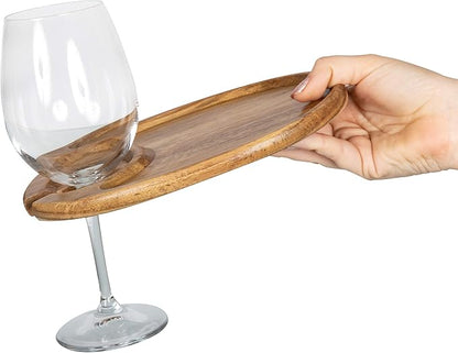 PICNIC TIME Wine Appetizer Plates, Set of 4 Wooden Cocktail Plates with Glass Holder, Mini Charcuterie Boards for Wine and Cheese Parties, Acacia Cheese Board Serving Trays (Oval - Acacia Wood)