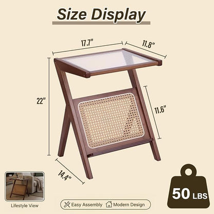 Tiita Rattan Nightstand Side Table, Bamboo Accent Bedside Tables, Glass Coffee - Image 3
