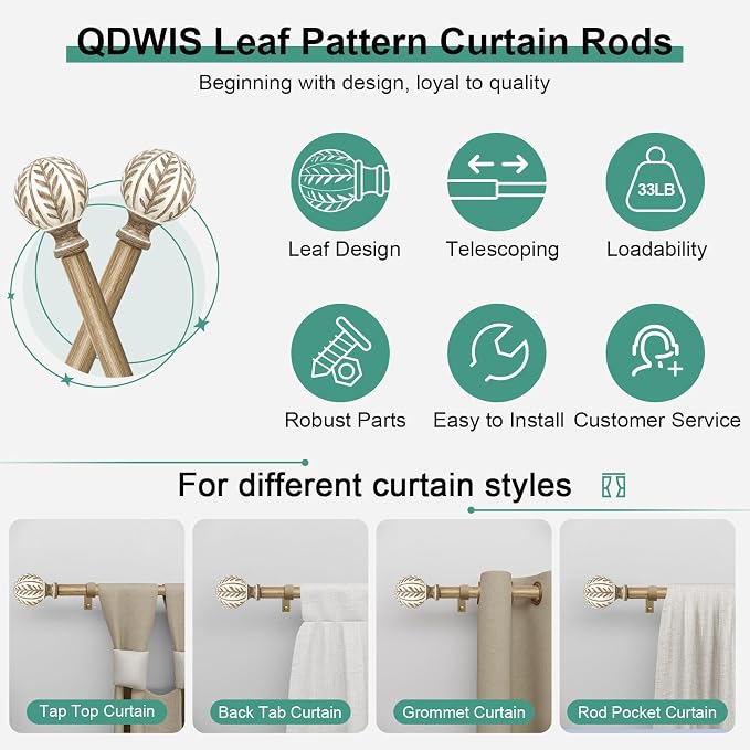QDWIS Boho Wood Curtain Rods for Windows 72 to 144 inch, Rustic Decorative - Image 6