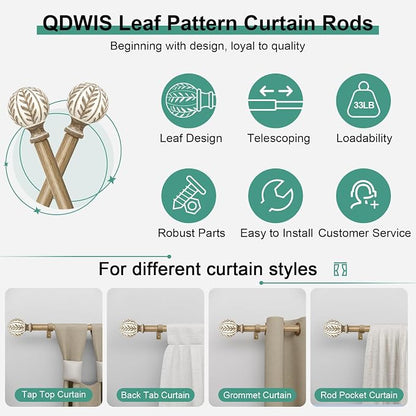 QDWIS Boho Wood Curtain Rods for Windows 72 to 144 inch, Rustic Decorative - Image 6